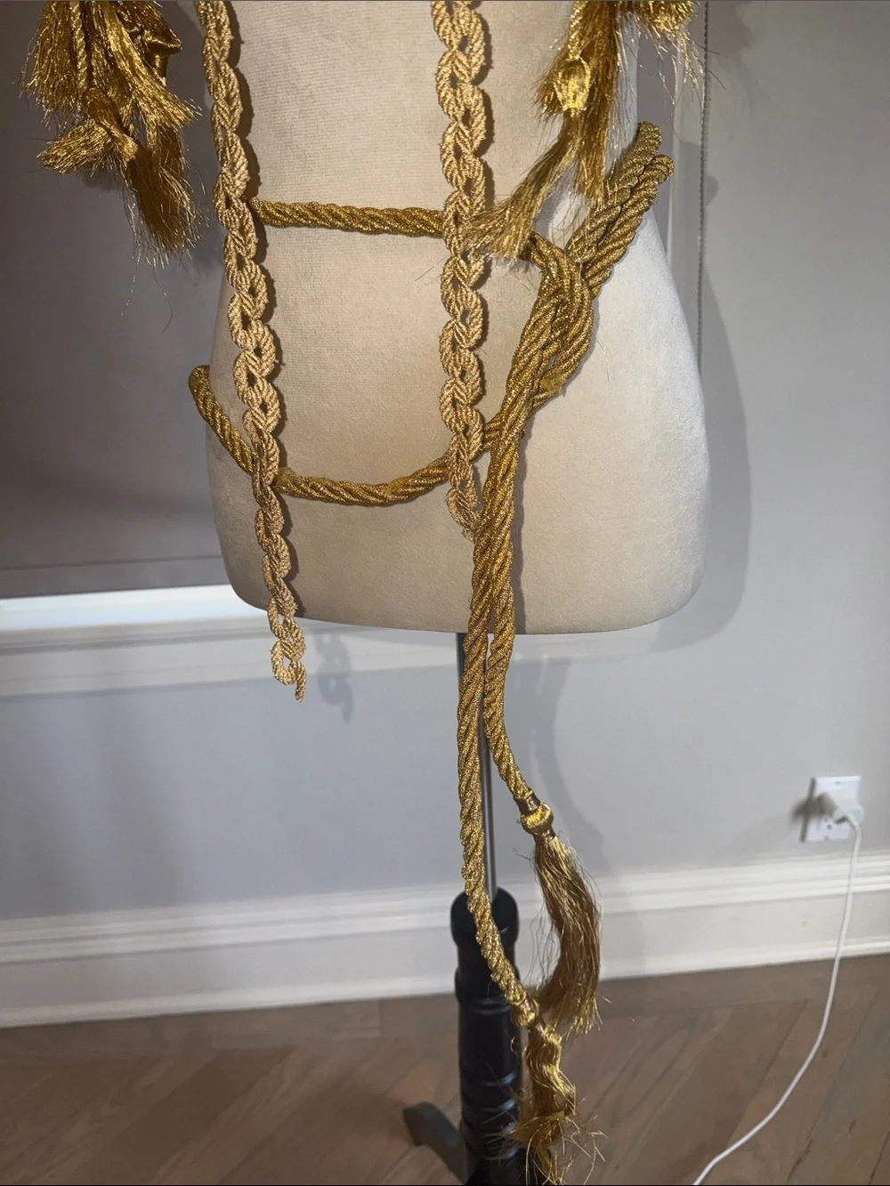 Gold Braided Rope tassel and dozen gold tie backs   Gold Venice trim, silver bow